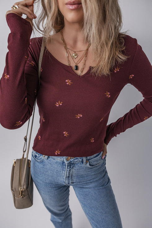 Ribbed Knit Floral Print Notched Neck Long Sleeve Top