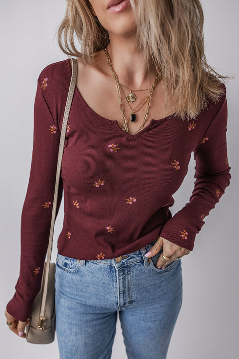 Ribbed Knit Floral Print Notched Neck Long Sleeve Top