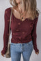 Ribbed Knit Floral Print Notched Neck Long Sleeve Top