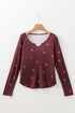 Ribbed Knit Floral Print Notched Neck Long Sleeve Top