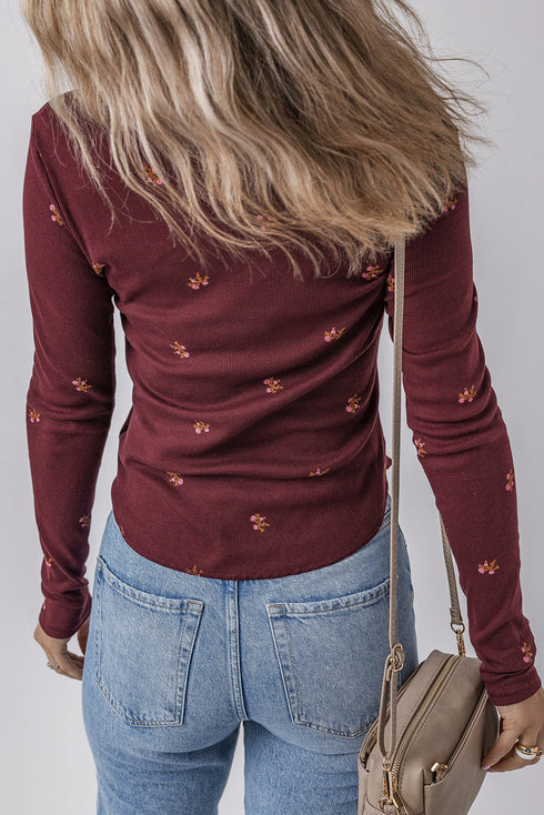 Ribbed Knit Floral Print Notched Neck Long Sleeve Top