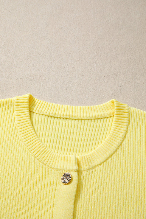 Ribbed Knit Frilled Trim Cardigan Short Sleeve Sweater