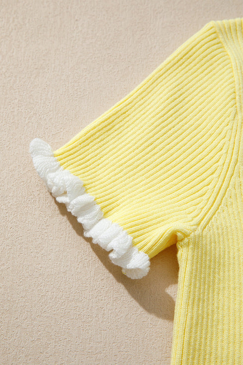 Ribbed Knit Frilled Trim Cardigan Short Sleeve Sweater