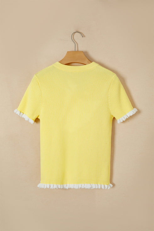 Ribbed Knit Frilled Trim Cardigan Short Sleeve Sweater