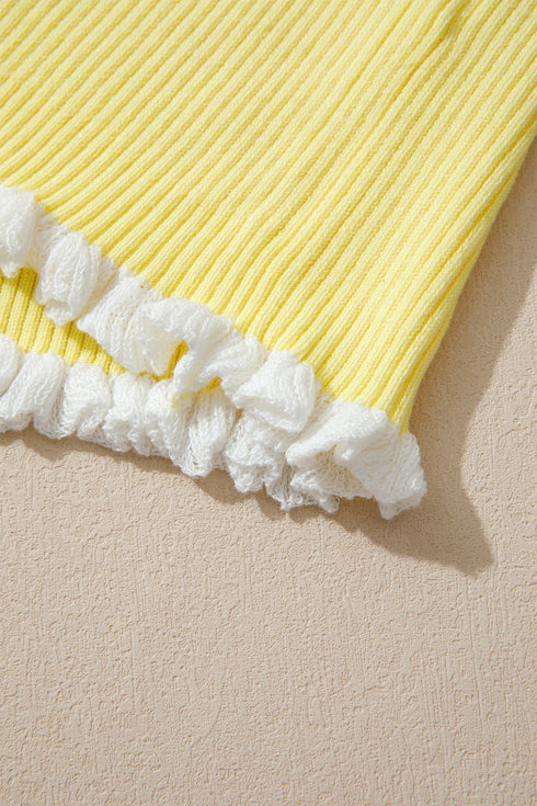 Ribbed Knit Frilled Trim Cardigan Short Sleeve Sweater