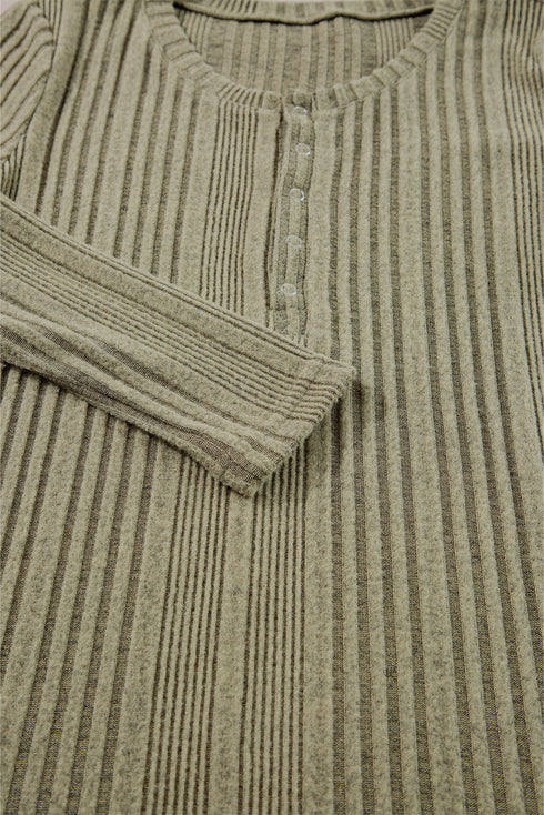 Ribbed Knit Half Button Placket Long Sleeve Slim Shirt