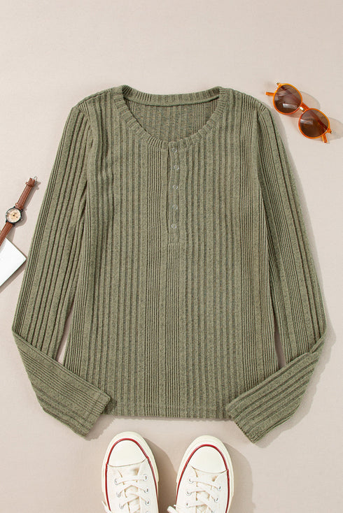 Ribbed Knit Half Button Placket Long Sleeve Slim Shirt