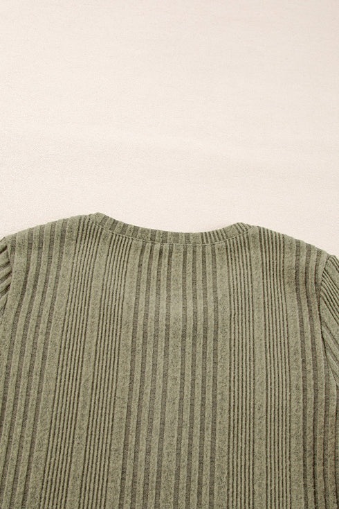 Ribbed Knit Half Button Placket Long Sleeve Slim Shirt