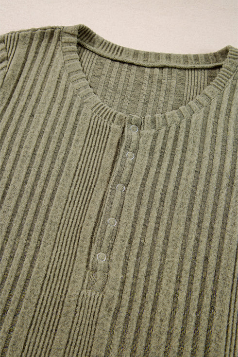 Ribbed Knit Half Button Placket Long Sleeve Slim Shirt