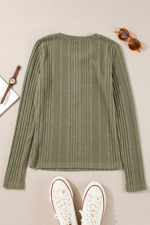Ribbed Knit Half Button Placket Long Sleeve Slim Shirt