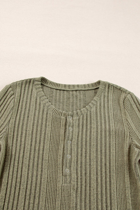 Ribbed Knit Half Button Placket Long Sleeve Slim Shirt