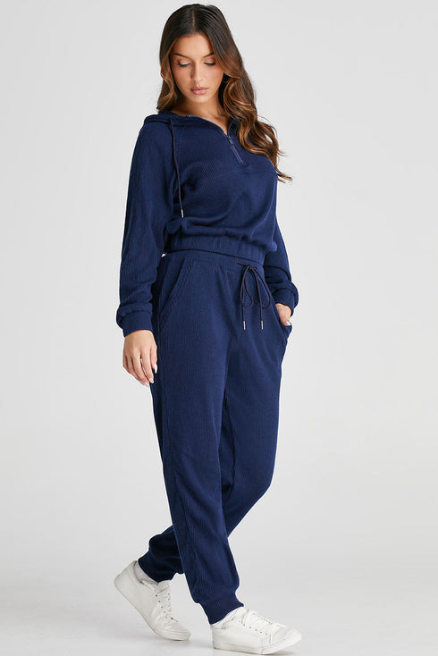 Ribbed Knit Half Zip Hooded Jogger Jumpsuit