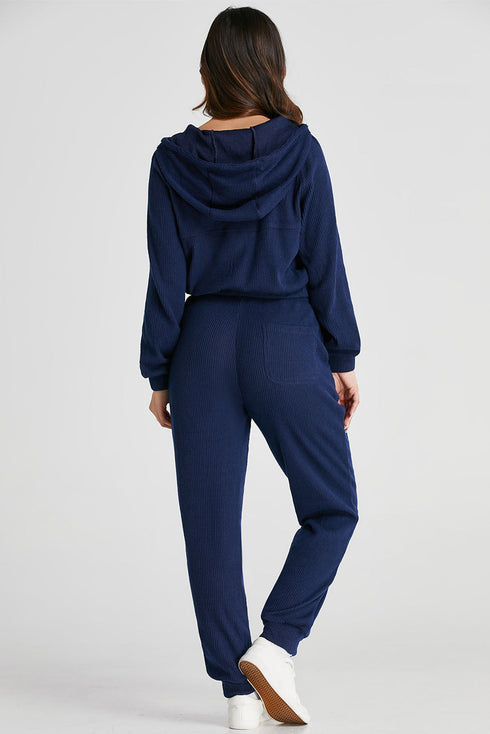 Ribbed Knit Half Zip Hooded Jogger Jumpsuit