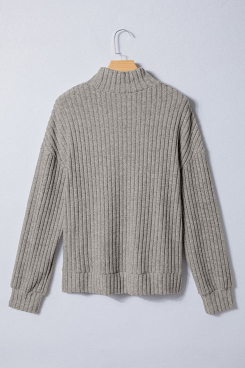 Ribbed Knit High Neck Long Sleeve Pullover Top