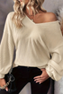 Ribbed Knit Knot Back Drop Shoulder Long Sleeve Blouse