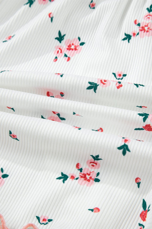 Ribbed Knit Lace Strap Floral Lettuce Hem Lounge Set