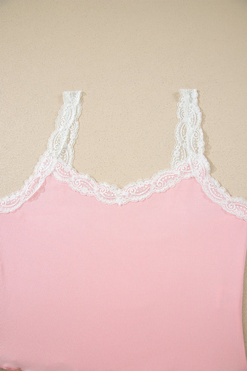 Ribbed Knit Lace Strap Floral Lettuce Hem Lounge Set