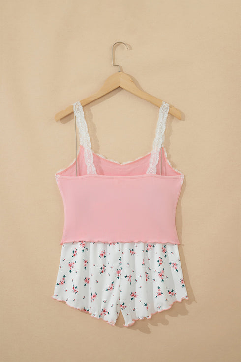 Ribbed Knit Lace Strap Floral Lettuce Hem Lounge Set