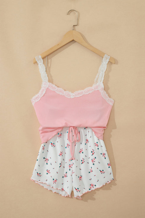 Ribbed Knit Lace Strap Floral Lettuce Hem Lounge Set