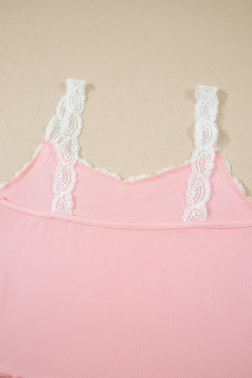 Ribbed Knit Lace Strap Floral Lettuce Hem Lounge Set