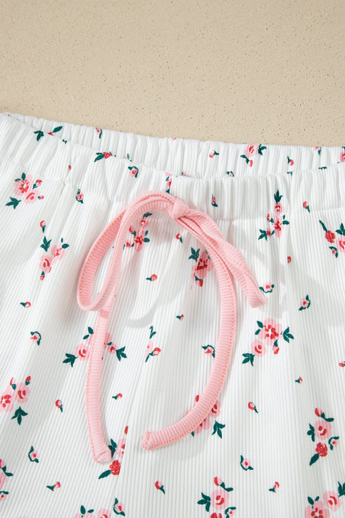 Ribbed Knit Lace Strap Floral Lettuce Hem Lounge Set