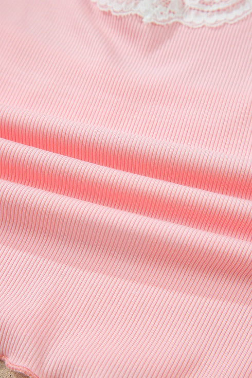 Ribbed Knit Lace Strap Floral Lettuce Hem Lounge Set