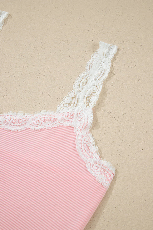 Ribbed Knit Lace Strap Floral Lettuce Hem Lounge Set