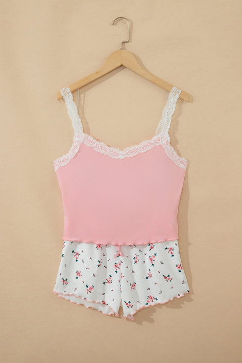 Ribbed Knit Lace Strap Floral Lettuce Hem Lounge Set