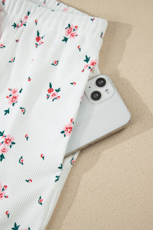 Ribbed Knit Lace Strap Floral Lettuce Hem Lounge Set