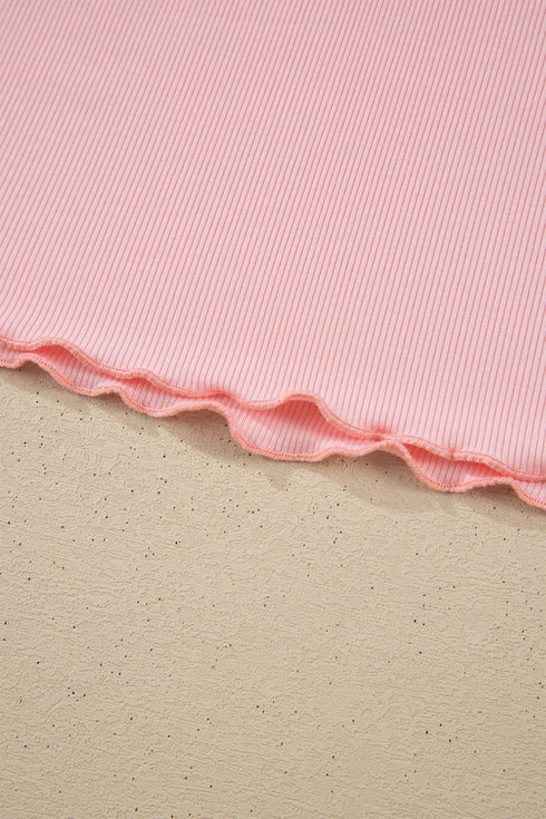 Ribbed Knit Lace Strap Floral Lettuce Hem Lounge Set