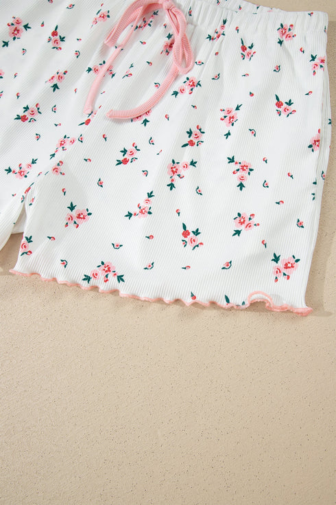 Ribbed Knit Lace Strap Floral Lettuce Hem Lounge Set