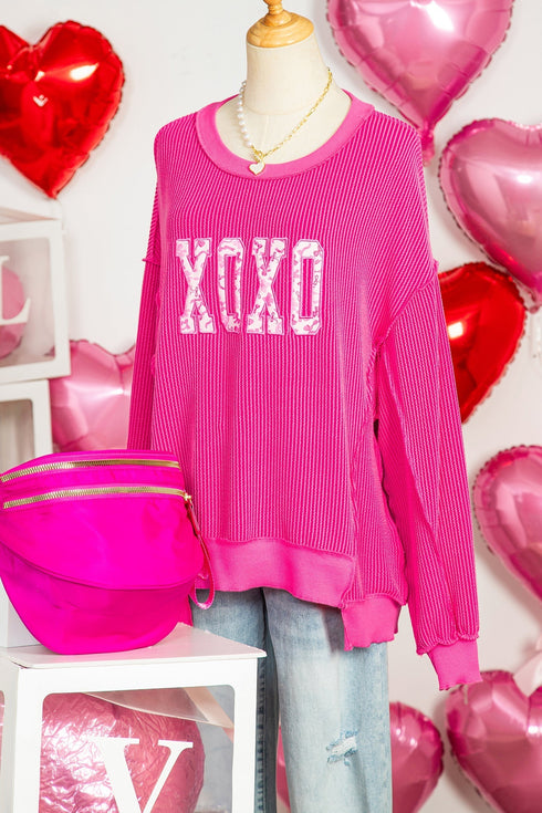 Ribbed Knit Long Sleeve Embroidered Bow Graphic Top