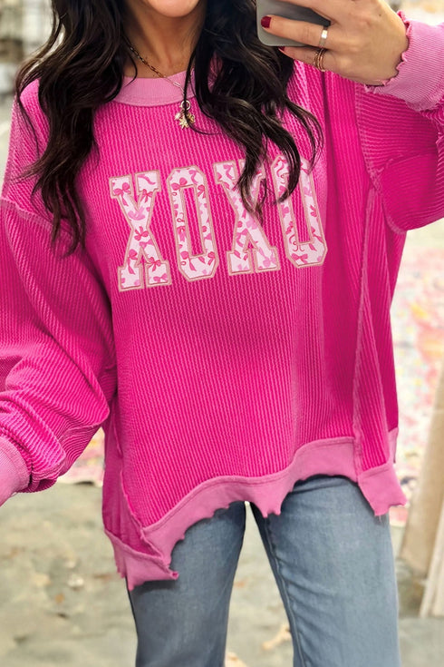 Ribbed Knit Long Sleeve Embroidered Bow Graphic Top