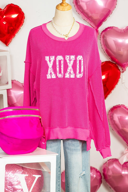 Ribbed Knit Long Sleeve Embroidered Bow Graphic Top