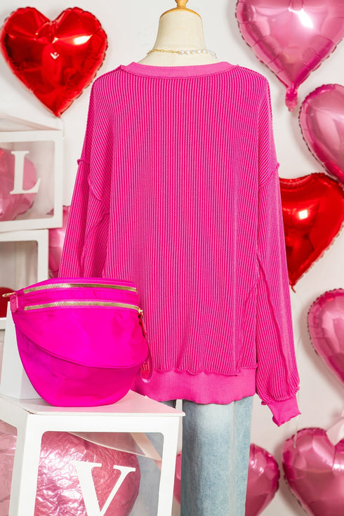 Ribbed Knit Long Sleeve Embroidered Bow Graphic Top