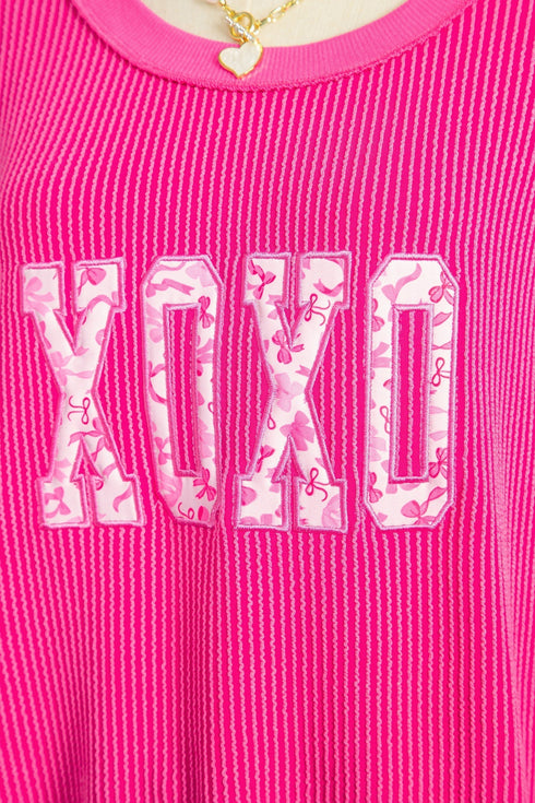 Ribbed Knit Long Sleeve Embroidered Bow Graphic Top