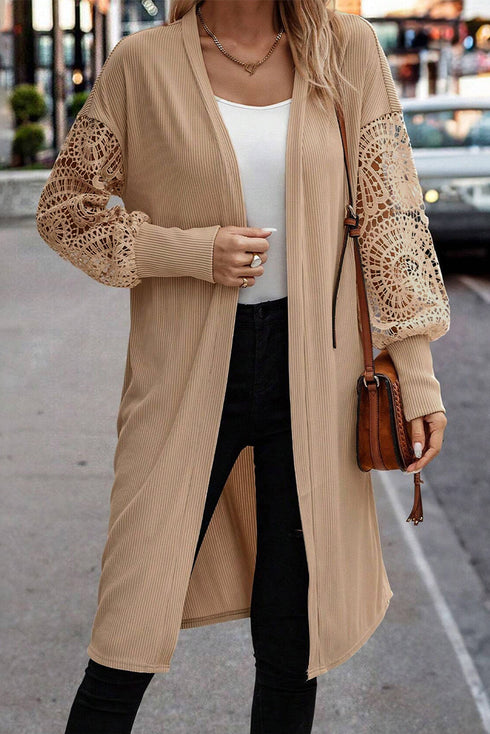Ribbed Knit Open Front Crochet Sleeve Long Cardigan