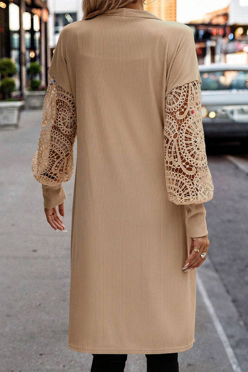 Ribbed Knit Open Front Crochet Sleeve Long Cardigan