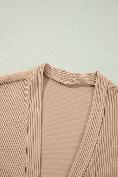 Ribbed Knit Open Front Crochet Sleeve Long Cardigan