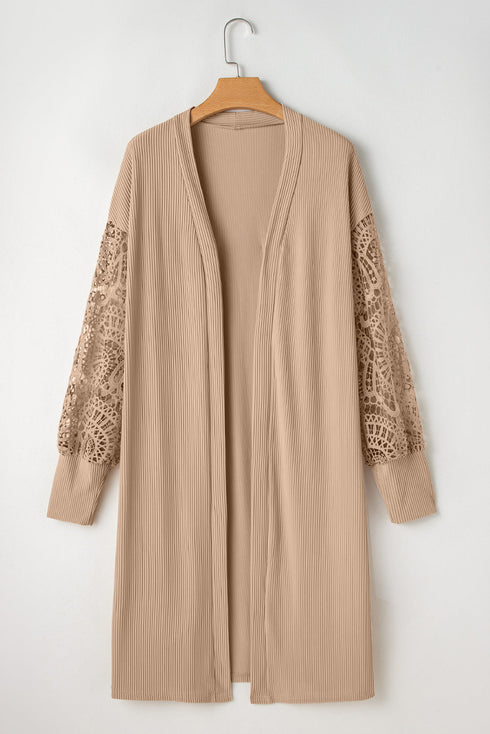 Ribbed Knit Open Front Crochet Sleeve Long Cardigan