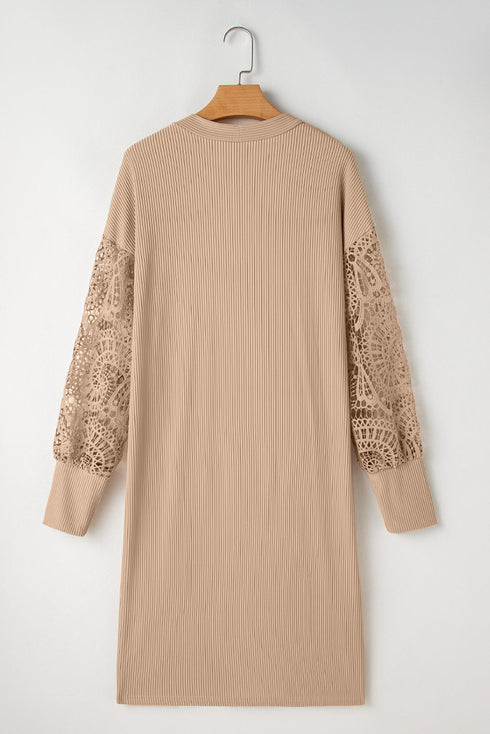 Ribbed Knit Open Front Crochet Sleeve Long Cardigan
