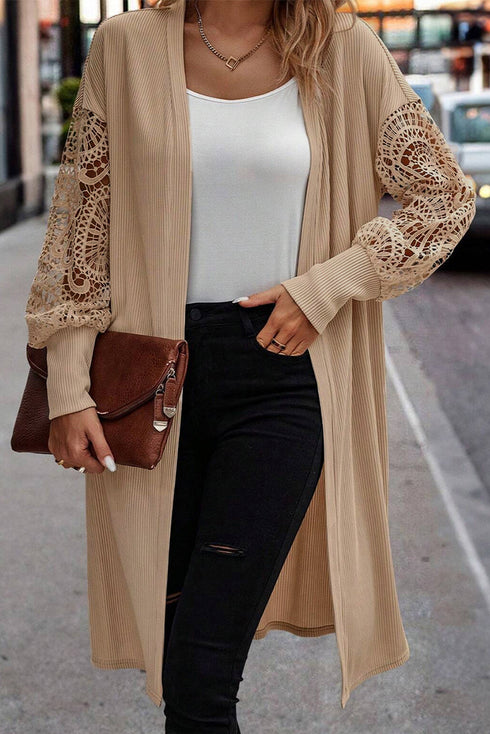 Ribbed Knit Open Front Crochet Sleeve Long Cardigan