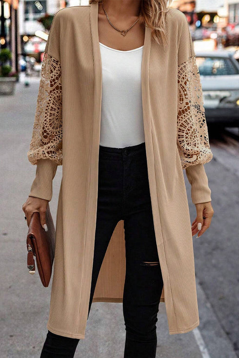 Ribbed Knit Open Front Crochet Sleeve Long Cardigan