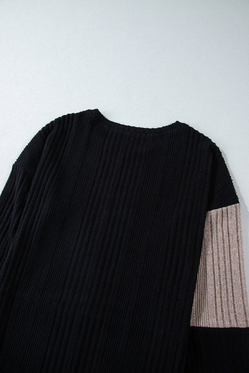 Ribbed Knit Panel Crew Neck Mini Sweater Dress