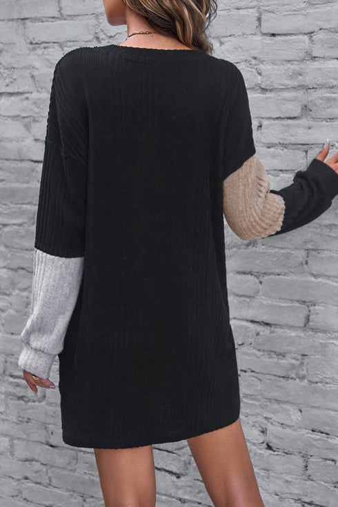 Ribbed Knit Panel Crew Neck Mini Sweater Dress