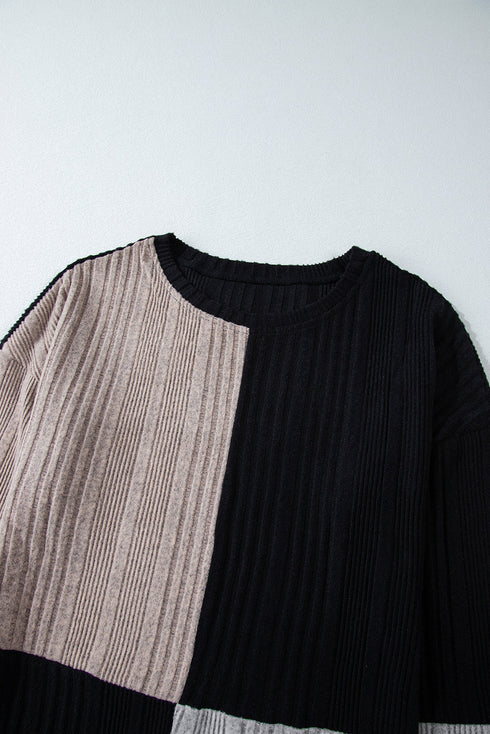 Ribbed Knit Panel Crew Neck Mini Sweater Dress