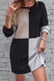 Ribbed Knit Panel Crew Neck Mini Sweater Dress