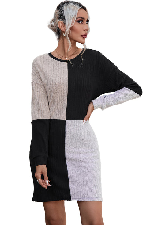 Ribbed Knit Panel Crew Neck Mini Sweater Dress
