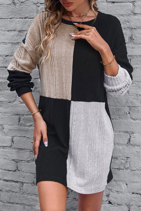 Ribbed Knit Panel Crew Neck Mini Sweater Dress