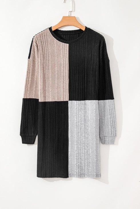Ribbed Knit Panel Crew Neck Mini Sweater Dress